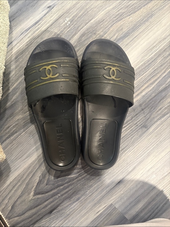 CHANEL Shoes - CHANEL Black Slide Sandals with Gold CC Logo